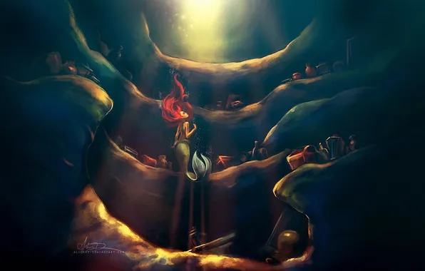 Картинка русалка, пещера, Ариэль, сундуки