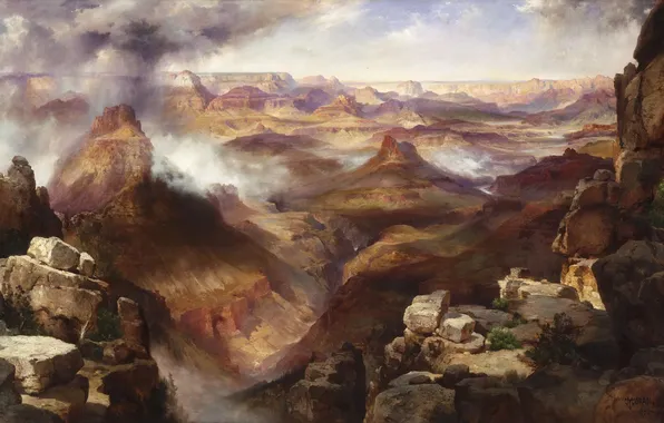 Картинка небо, горы, тучи, дождь, картина, каньон, колорадо, Thomas Moran