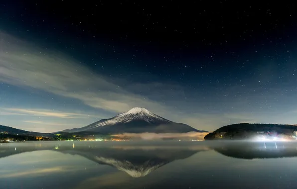 Картинка небо, гора, вулкан, Япония, Fuji, ночь звезды