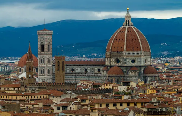 Горы, дома, Италия, панорама, Флоренция, купол, колокольня Джотто, собор Санта-Мария-дель-Фьоре