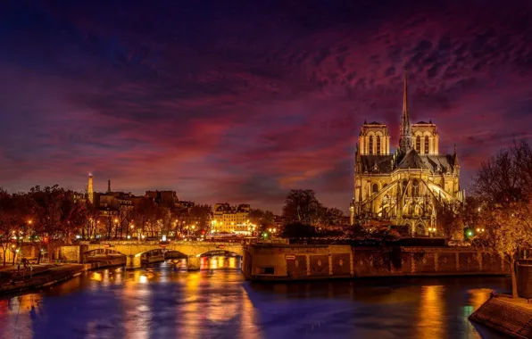 Ночь, город, Франция, Париж, Notre Dame