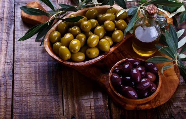Листья, дерево, доски, масло, посуда, оливки, маслины, бутылочка