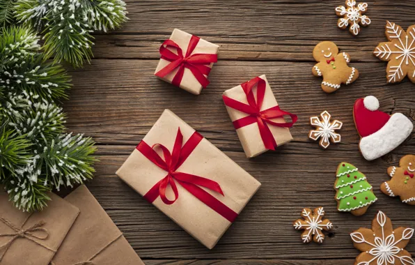 Картинка подарок, happy new year, лента, печенье, gift, Happy Christmas, New Year, Christmas