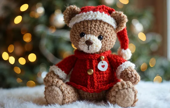 Огни, игрушка, ворс, медведь, Рождество, мишка, Новый год, мех