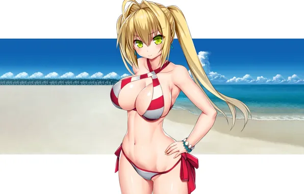 Girl, sexy, cleavage, beach, long hair, sea, boobs, anime