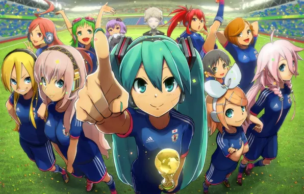 Картинка поле, взгляд, радость, девушки, футбол, спорт, vocaloid, hatsune miku