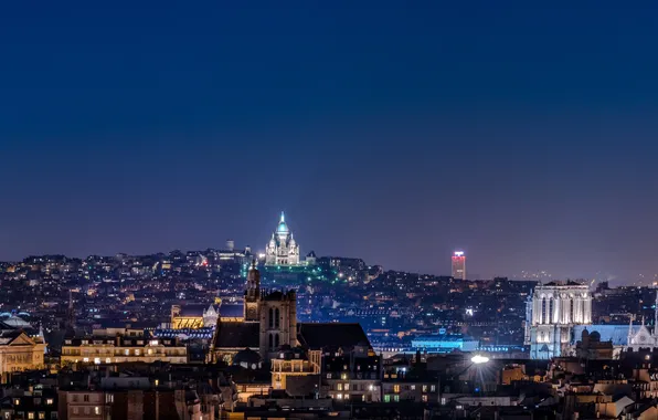 Картинка ночь, город, огни, Франция, Париж, дома, панорама