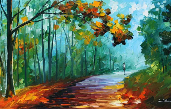 Картинка дорога, осень, листья, деревья, человек, Leonid Afremov