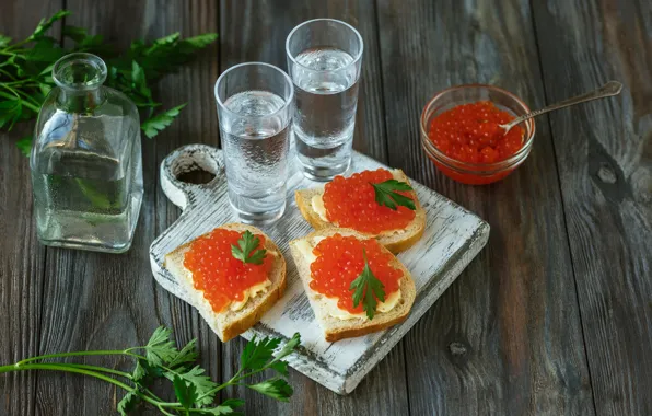 Водка, петрушка, красная икра, бутерброды