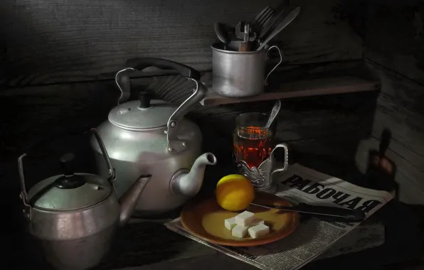 Лимон, чайник, газета, натюрморт, Чай, сахар рафинад, фотограф Сергей Фунтовой