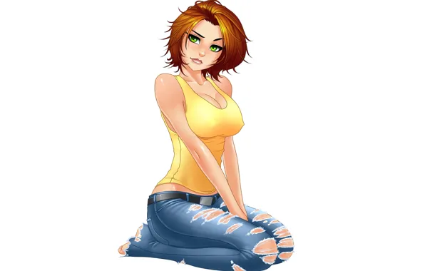 Картинка Girl, cleavage, green eyes, minimalism, breast, barefoot, jeans, face