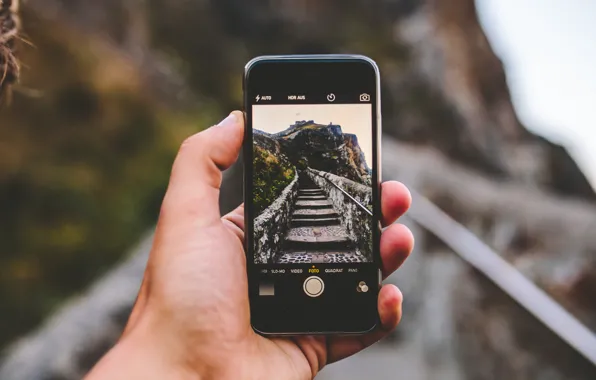Пейзаж, скалы, фотография, iPhone, рука, лестницы