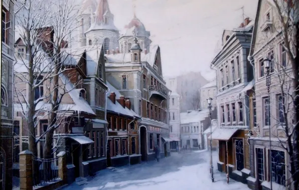 Картинка зима, дорога, снег, деревья, город, дома, Картина, фонарь