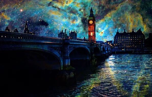Небо, мост, река, башня, London