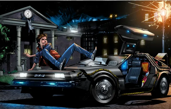 Автомобиль, DeLorean DMC-12, art, назад в будущее, Back to the Future, Marty McFly