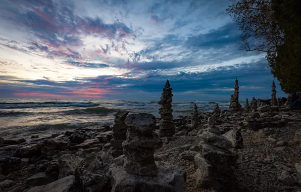 Картинка небо, закат, озеро, камни, побережье, Висконсин, Wisconsin, Lake Michigan
