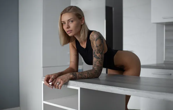 Ass, bodysuit, model, tattoo, women, blonde, table, hips