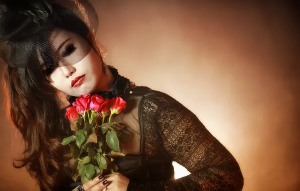 Картинка девушка, розы, вуаль