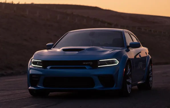Закат, фары, вечер, Dodge, вид спереди, Charger, Hellcat, SRT