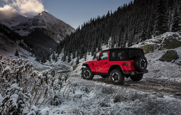 Снег, горы, красный, растительность, 2018, Jeep, Wrangler Rubicon