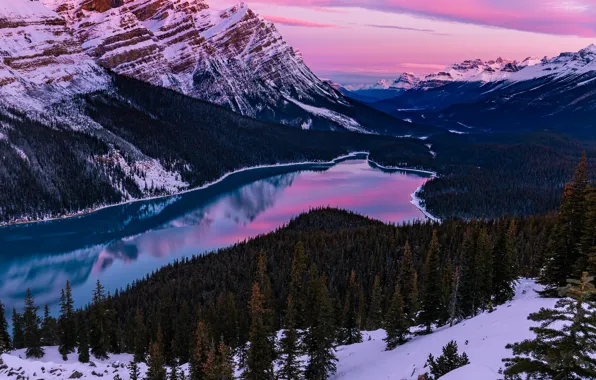 Картинка зима, лес, снег, горы, озеро, утро, Канада