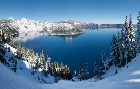 Зима, панорама, USA, США, Oregon, panorama, winter, Crater Lake