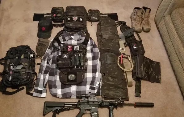Gun, pistol, weapon, cap, cosplay, sofa, rifle, knife