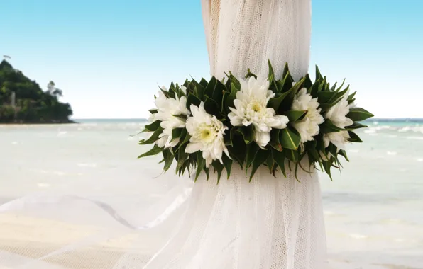 Картинка цветы, океан, берег, занавеска, свадьба, событие