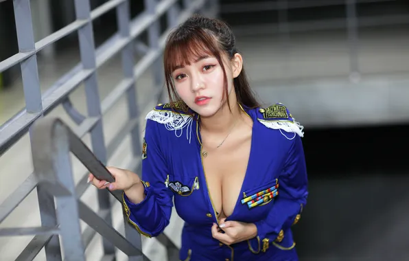 Перила, декольте, азиатка, милашка, униформа, asian, cutie, asian girls