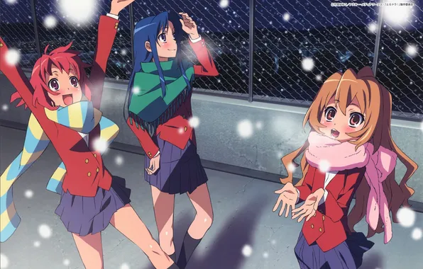 Крыша, снег, радость, девушки, сетка, Аниме, школьная форма, Aisaka Taiga