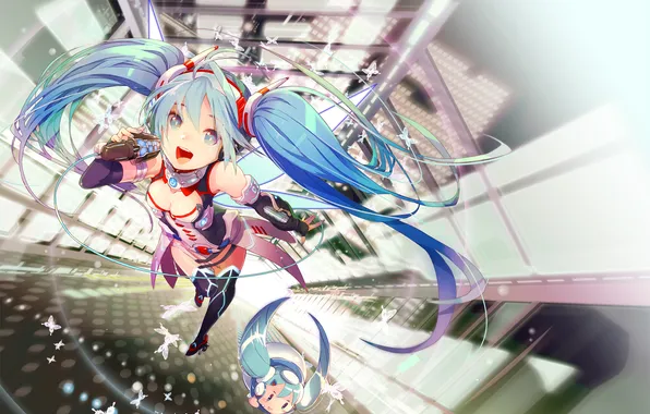 Девушка, микрофон, vocaloid, hatsune miku, чиби, хвостики, gin, oyoyo