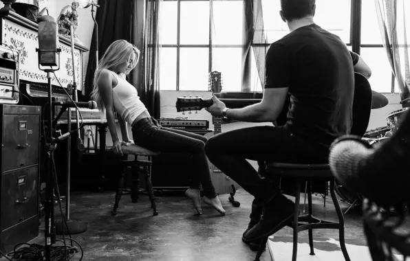 Black & white, guitar, model, jeans, hair, Bryana Holly