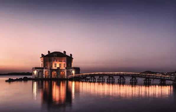 Lights, sky, Italy, Campania, bridge, sunset, lake, Naples