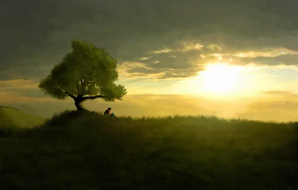 Картинка закат, одиночество, Дерево