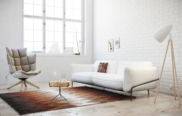 Белый, диван, ковёр, кресло, окно, картины, столик, напольная лампа