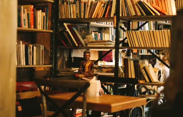 Место, книги, кофе, книжные полки, будда, санкт петербург, мыженаты