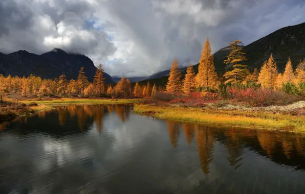 Картинка осень, облака, деревья, пейзаж, горы, природа, озеро, отражение