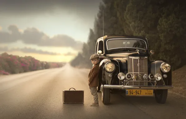 Картинка дорога, машина, мальчик, чемодан