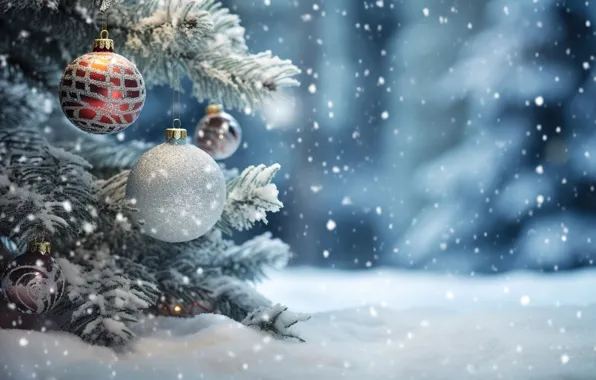 Картинка зима, снег, украшения, шары, елка, Новый Год, Рождество, new year