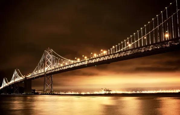 Картинка ночь, мост, город, огни, освещение, Калифорния, залив, Сан-Франциско