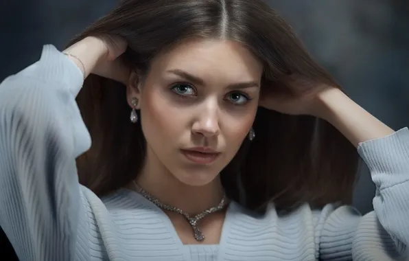 Взгляд, девушка, украшения, лицо, поза, портрет, руки, длинные волосы