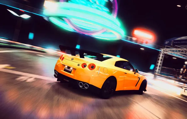 Картинка ночь, желтый, неон, поворот, вывески, Nissan, GT-R, yellow