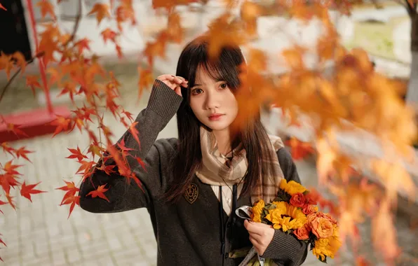 Beautiful, Asian, Model, Rose, Tree, Flowers, Woman, Bouquet