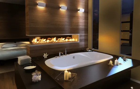 Картинка дизайн, комната, свечи, ванна, ванная, огонь., desigen, итерьер