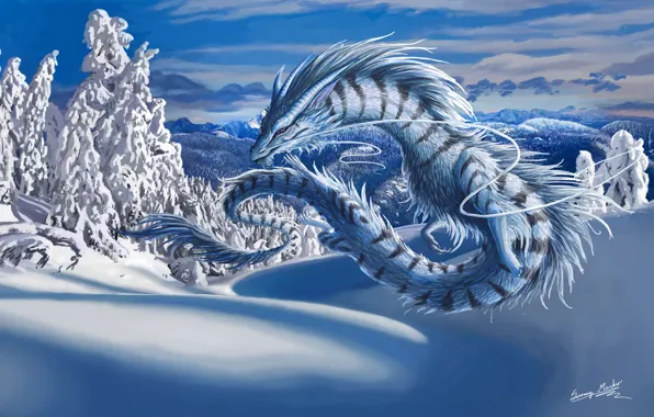 Зима, снег, пейзаж, дракон