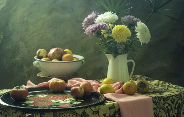 Цветы, стол, яблоки, букет, кувшин, фрукты, натюрморт, поднос