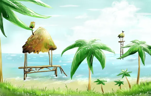 Картинка море, пляж, пальмы, птица, рисунок, хижины, домики