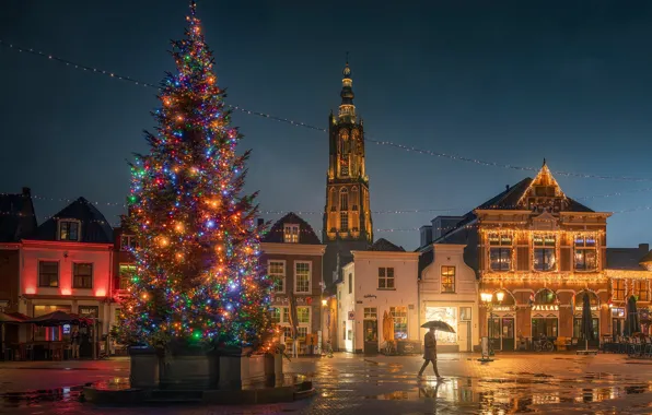 Картинка здания, башня, дома, площадь, Рождество, Новый год, ёлка, Нидерланды