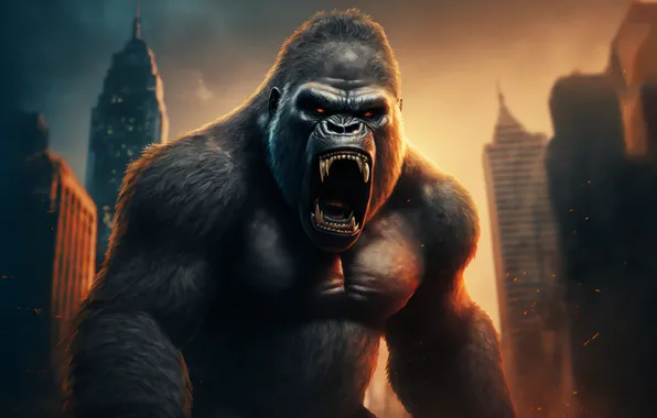 City, King Kong, building, angry, illustration, AI art