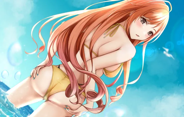 Girl, sexy, cleavage, long hair, sea, boobs, anime, beautiful